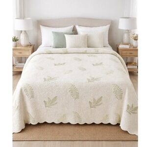 Linen Source Queen Coverlet 100% Cotton White Green Fern Leaf Scalloped Portugal